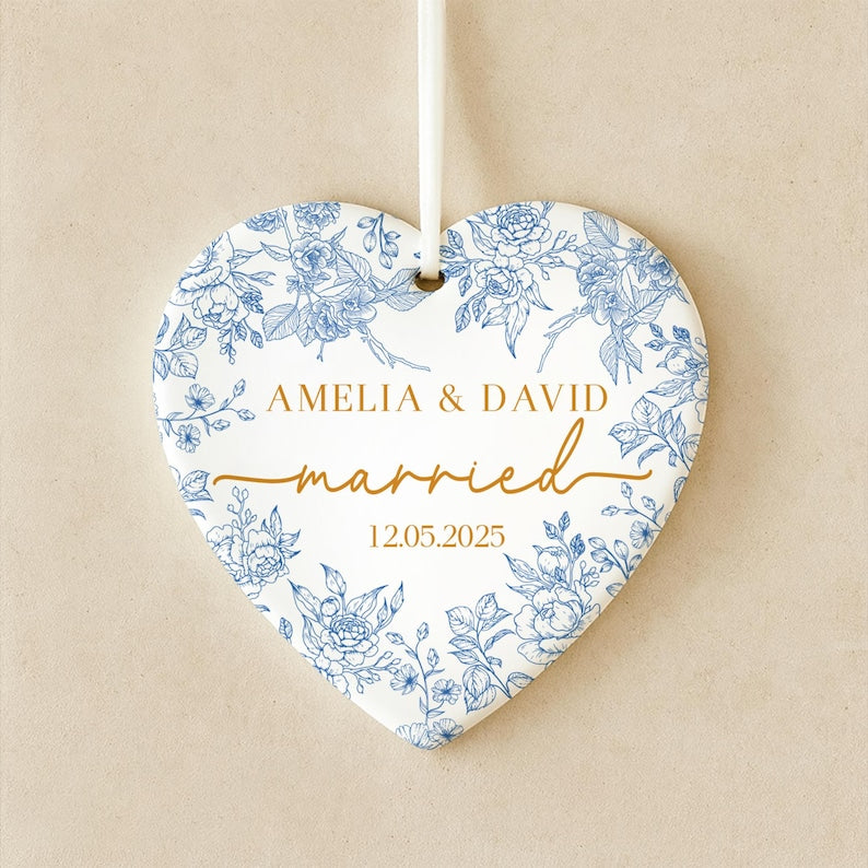 Personalized Wedding Ornament: Blue Toile Newlywed Keepsake