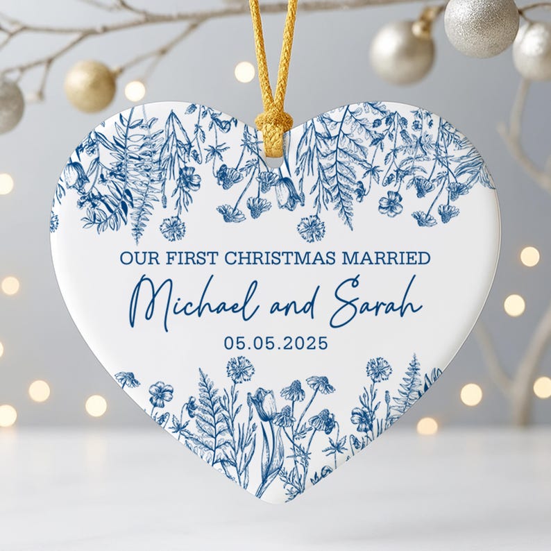 Personalized First Christmas Married Ornament, Custom Newlywed Gift, Blue Toile Ornament, Wedding Date Keepsake, Mr Mrs Ornament,Couple Gift
