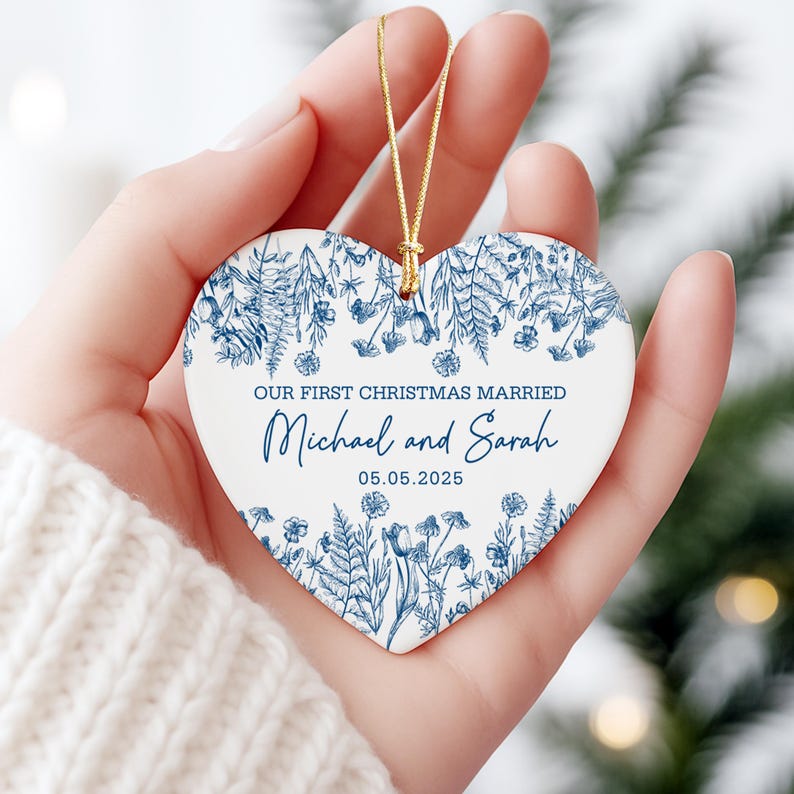 Personalized First Christmas Married Ornament, Custom Newlywed Gift, Blue Toile Ornament, Wedding Date Keepsake, Mr Mrs Ornament,Couple Gift