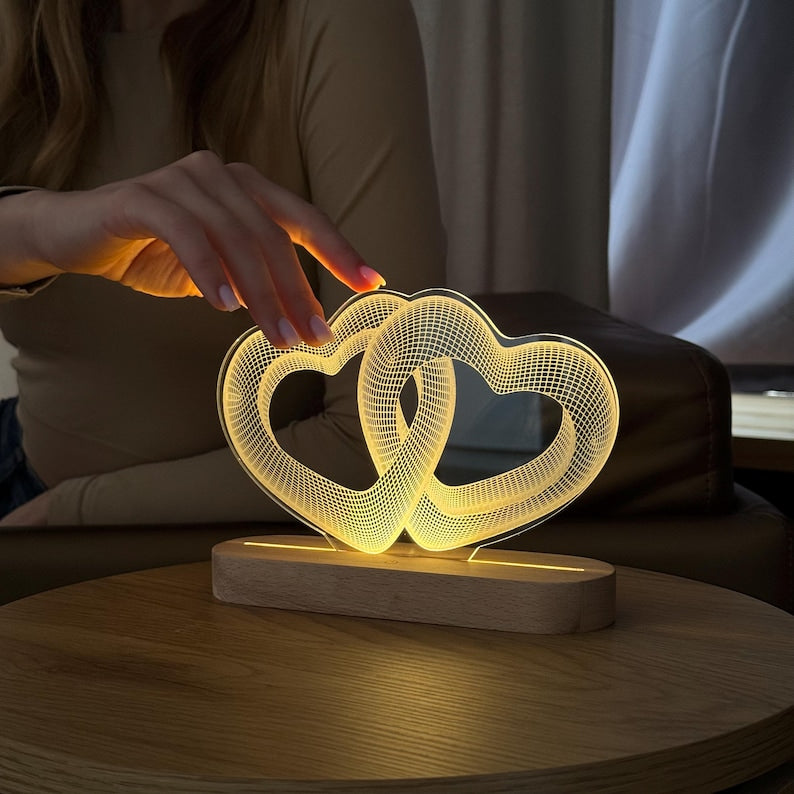 Two connected hearts LED lamp, Love hearts 3D illusion night light, Personalized acrylic lamp for table, Custom wedding gift for couple