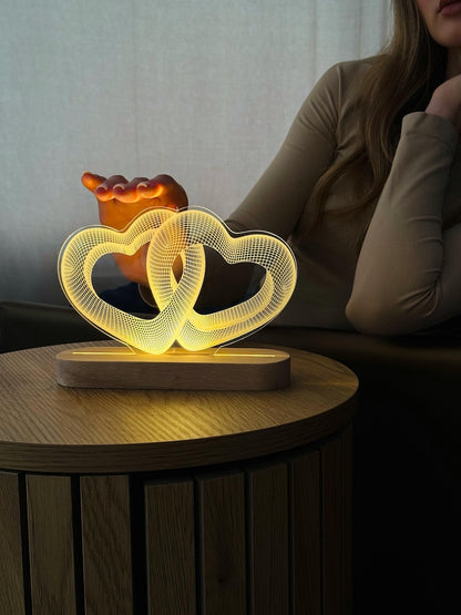 Two connected hearts LED lamp, Love hearts 3D illusion night light, Personalized acrylic lamp for table, Custom wedding gift for couple