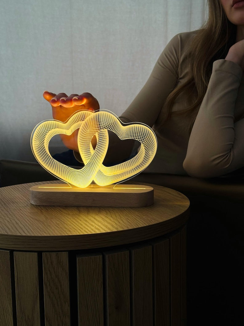 Two connected hearts LED lamp, Love hearts 3D illusion night light, Personalized acrylic lamp for table, Custom wedding gift for couple