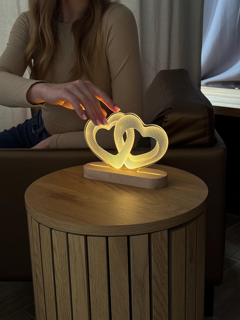 Two connected hearts LED lamp, Love hearts 3D illusion night light, Personalized acrylic lamp for table, Custom wedding gift for couple