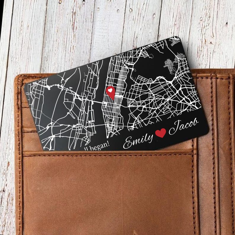 Personalized Where We Met Metal Wallet Card, First Date Map, Long Distance Relationship Gift, Wedding Gift for Couple, 1st Anniversary Gift