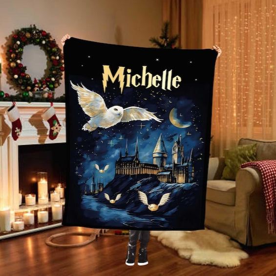 Wizard Blanket with Name, Custom Christmas Gift, Starry Night Blanket, Magic Wizard Throw, Best Fan Gift, Magic School, Fantasy Throw Gift