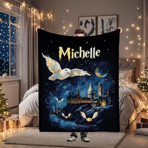 Wizard Blanket with Name, Custom Christmas Gift, Starry Night Blanket, Magic Wizard Throw, Best Fan Gift, Magic School, Fantasy Throw Gift