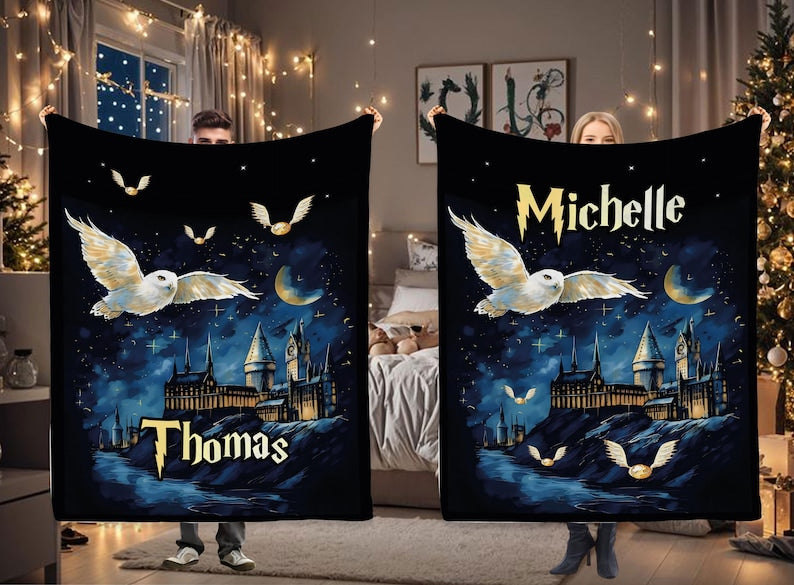 Wizard Blanket with Name, Custom Christmas Gift, Starry Night Blanket, Magic Wizard Throw, Best Fan Gift, Magic School, Fantasy Throw Gift
