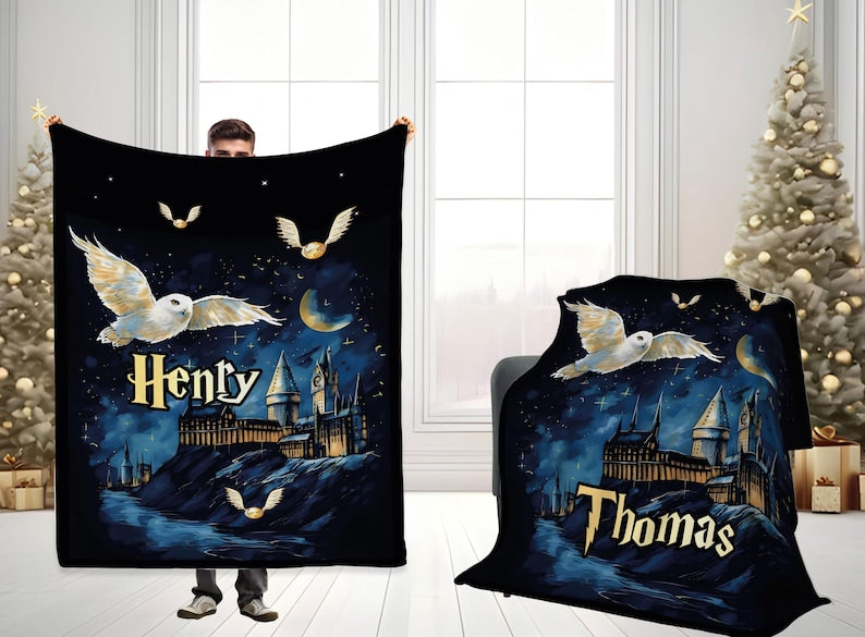 Wizard Blanket with Name, Custom Christmas Gift, Starry Night Blanket, Magic Wizard Throw, Best Fan Gift, Magic School, Fantasy Throw Gift