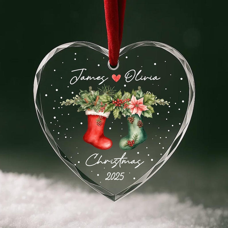 Personalized Christmas Stocking Ornament Custom Names & Year Romantic Couple Holiday Keepsake Handcrafted Glass Tree Decoration