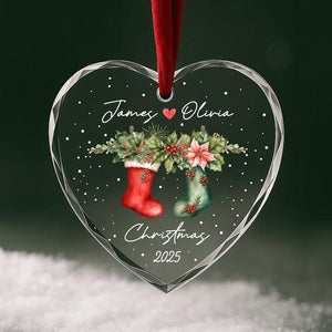 Personalized Christmas Stocking Ornament Custom Names & Year Romantic Couple Holiday Keepsake Handcrafted Glass Tree Decoration