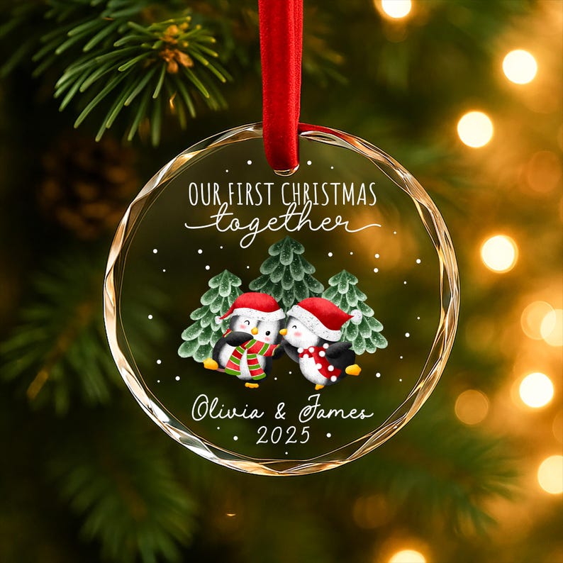 Personalized Our First Christmas Together Ornament Custom Couple Names & Year Heart Glass Penguin Holiday Keepsake