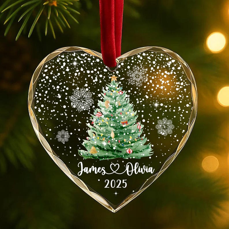Personalized Christmas Tree Ornament Custom Couple Names & Year Heart Glass Snowflake Holiday Keepsake