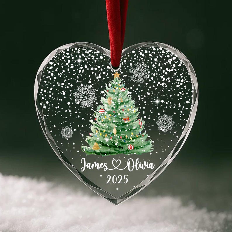 Personalized Christmas Tree Ornament Custom Couple Names & Year Heart Glass Snowflake Holiday Keepsake