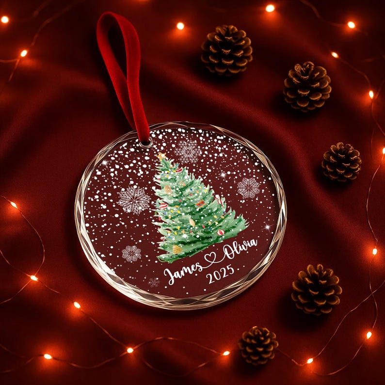 Personalized Christmas Tree Ornament Custom Couple Names & Year Heart Glass Snowflake Holiday Keepsake