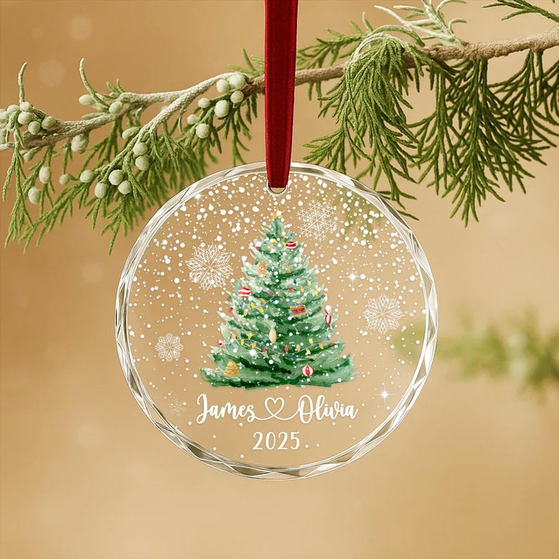 Personalized Christmas Tree Ornament Custom Couple Names & Year Heart Glass Snowflake Holiday Keepsake