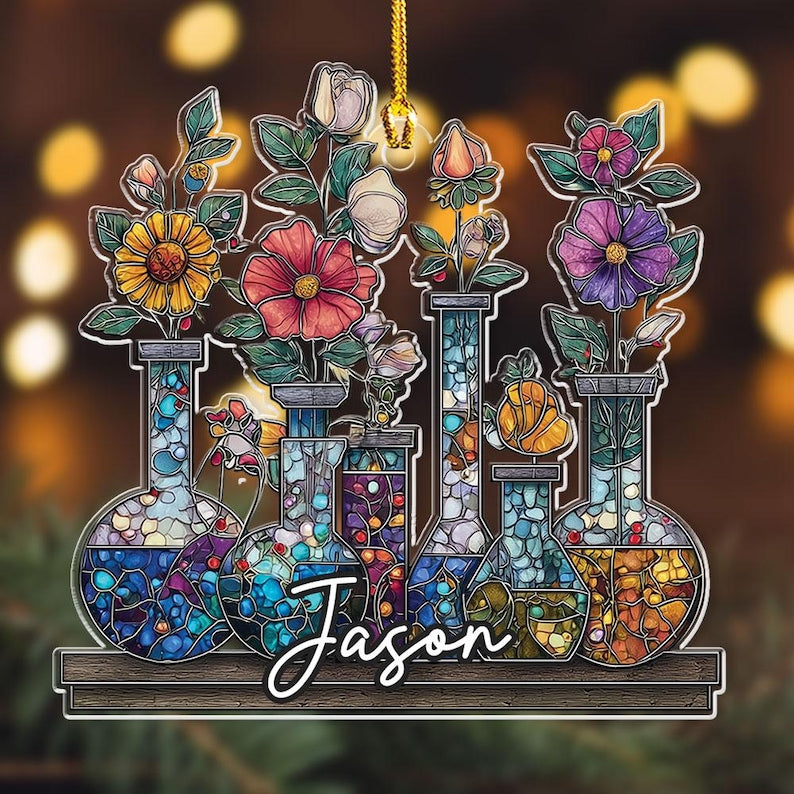 Personalized Science Bottle Acrylic Tree Ornament, Chemistry Teacher Decor, Lab Glassware Art, Back To School Gift, Stem Gift For Teachers