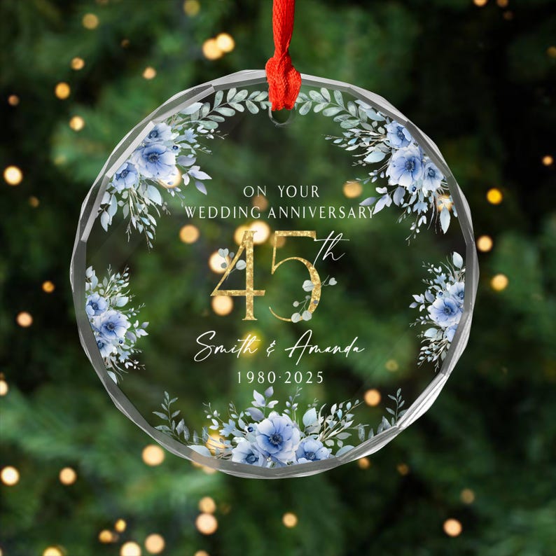Personalized 45th Anniversary Glass Ornament Blue Floral Heart Keepsake Custom Names and Date Wedding Holiday Gift for Couple
