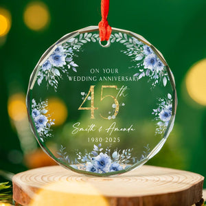 Personalized 45th Anniversary Glass Ornament Blue Floral Heart Keepsake Custom Names and Date Wedding Holiday Gift for Couple