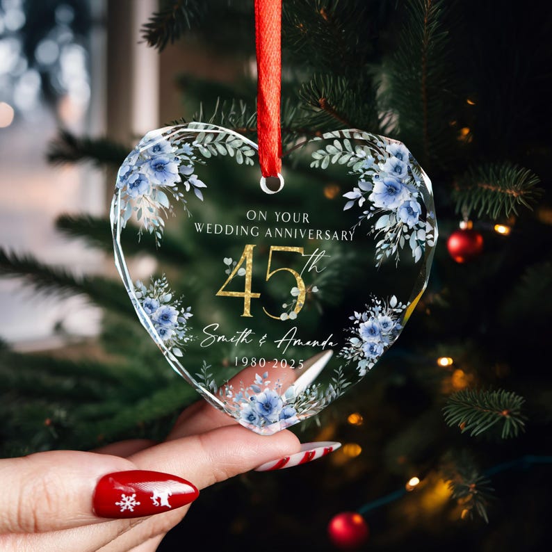 Personalized 45th Anniversary Glass Ornament Blue Floral Heart Keepsake Custom Names and Date Wedding Holiday Gift for Couple