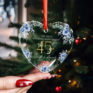 Personalized 45th Anniversary Glass Ornament Blue Floral Heart Keepsake Custom Names and Date Wedding Holiday Gift for Couple