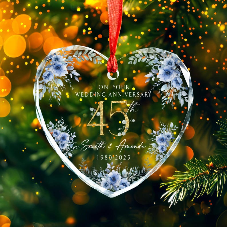 Personalized 45th Anniversary Glass Ornament Blue Floral Heart Keepsake Custom Names and Date Wedding Holiday Gift for Couple