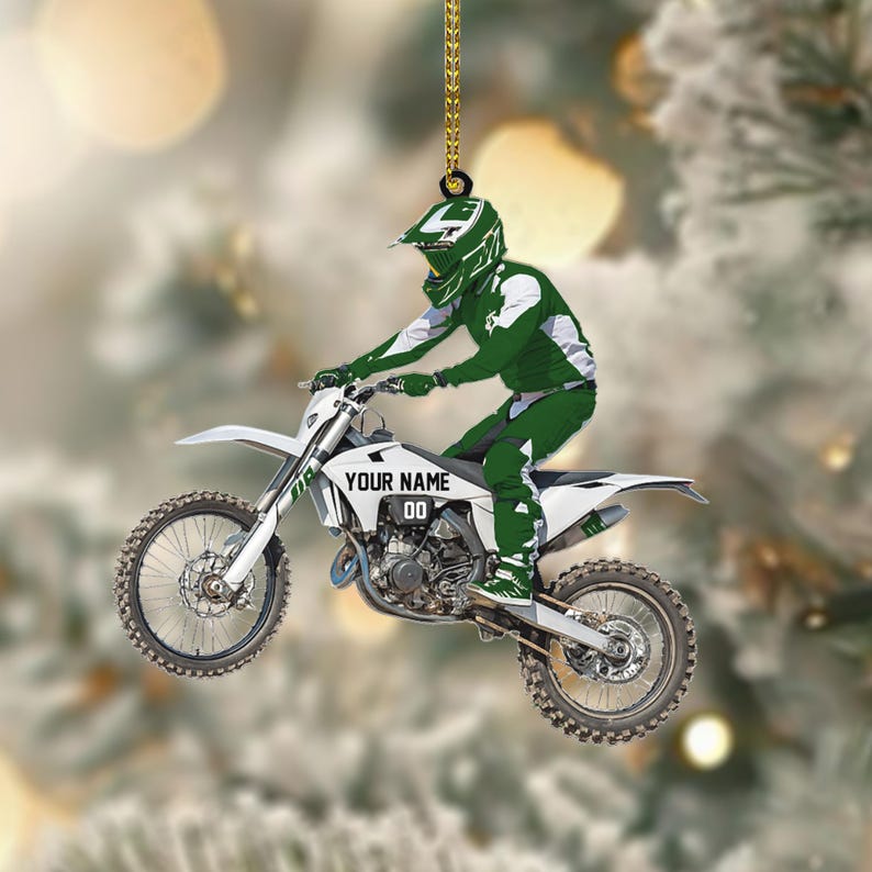 Personalized Name Motocross Dirt Bike Flat 2D Acrylic Christmas Ornament, Custom Name and Number Motocross Ornament, Gift For Racing Biker