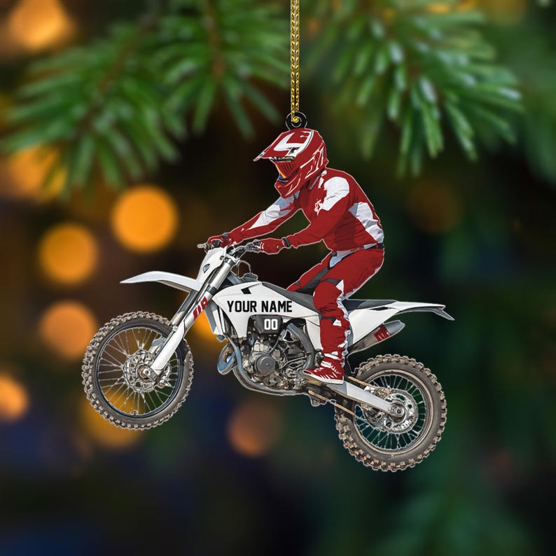 Personalized Name Motocross Dirt Bike Flat 2D Acrylic Christmas Ornament, Custom Name and Number Motocross Ornament, Gift For Racing Biker