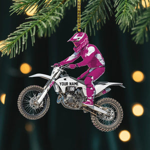 Personalized Name Motocross Dirt Bike Flat 2D Acrylic Christmas Ornament, Custom Name and Number Motocross Ornament, Gift For Racing Biker