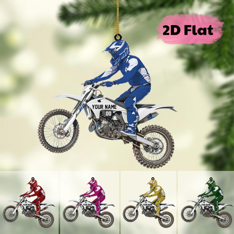 Personalized Name Motocross Dirt Bike Flat 2D Acrylic Christmas Ornament, Custom Name and Number Motocross Ornament, Gift For Racing Biker