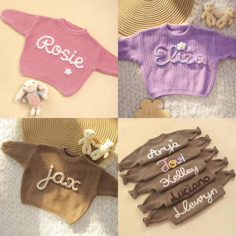Hand Embroidery Sweater, Baby Jumper with Name, Custom Toddler Sweater, Baby Knit Sweater, Baby Boy & Girl Gift, 1 Year Old Birthday Gifts