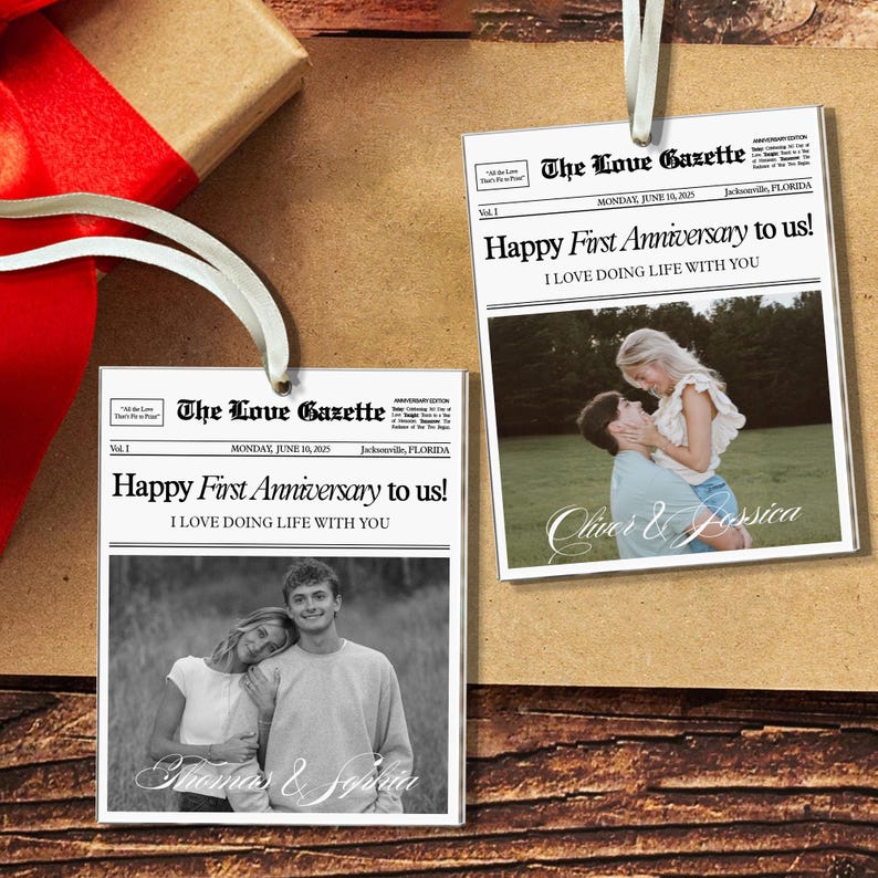Personalized First Anniversary Gift, Custom Couples Photo Ornament, 1st Anniversary Newspaper Ornament, Gift For Boyfriend, Gift For Him