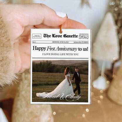 Personalized First Anniversary Gift, Custom Couples Photo Ornament, 1st Anniversary Newspaper Ornament, Gift For Boyfriend, Gift For Him