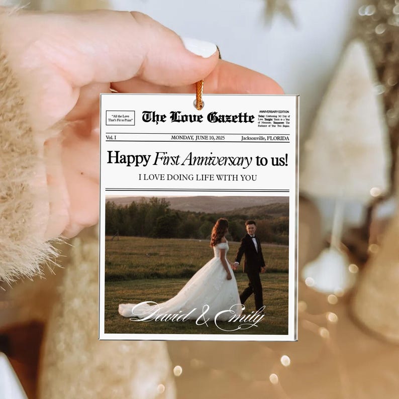 Personalized First Anniversary Gift, Custom Couples Photo Ornament, 1st Anniversary Newspaper Ornament, Gift For Boyfriend, Gift For Him