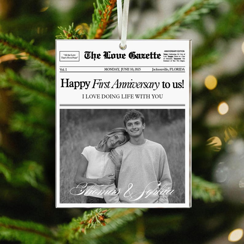 Personalized First Anniversary Gift, Custom Couples Photo Ornament, 1st Anniversary Newspaper Ornament, Gift For Boyfriend, Gift For Him