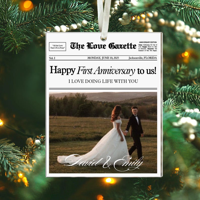 Personalized First Anniversary Gift, Custom Couples Photo Ornament, 1st Anniversary Newspaper Ornament, Gift For Boyfriend, Gift For Him