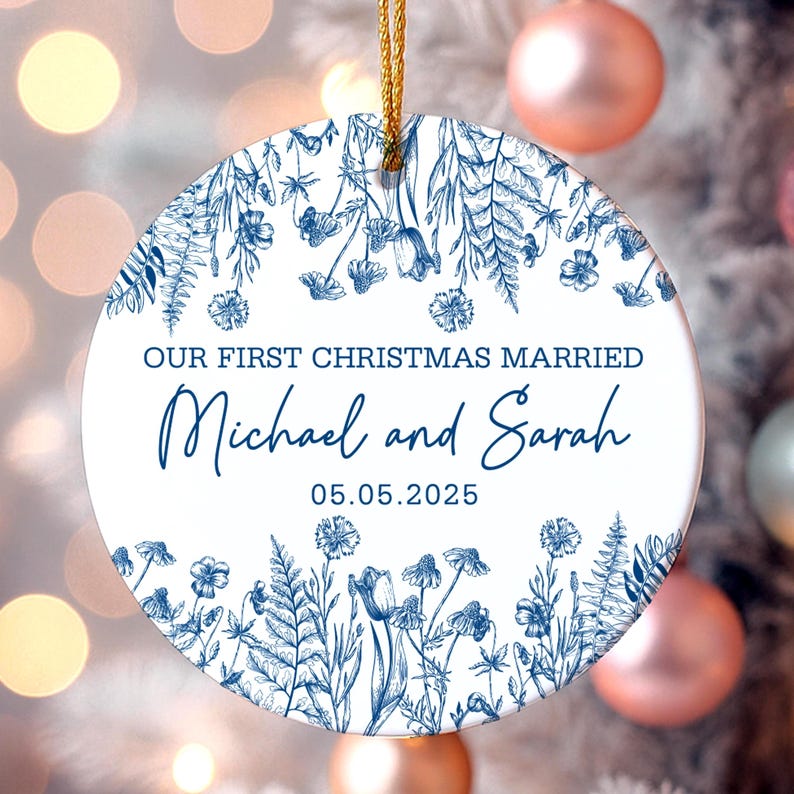 Personalized First Christmas Married Ornament, Custom Newlywed Gift, Blue Toile Ornament, Wedding Date Keepsake, Mr Mrs Ornament,Couple Gift