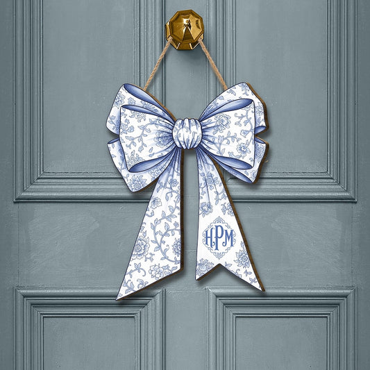 Custom Chinoiserie Bow Door Sign | Blue Floral Coquette Initial Hanger | Elegant Monogram Dorm & Nursey Decor | Preppy Name Door Plaque