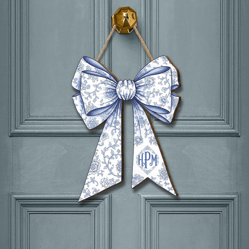 Custom Chinoiserie Bow Door Sign | Blue Floral Coquette Initial Hanger | Elegant Monogram Dorm & Nursey Decor | Preppy Name Door Plaque