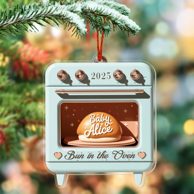 Custom Bun in the Oven Ornament, Pregnancy Acrylic Window Hanging Expecting Ornament, Parents to Be Gift Announcement Christmas Ornament