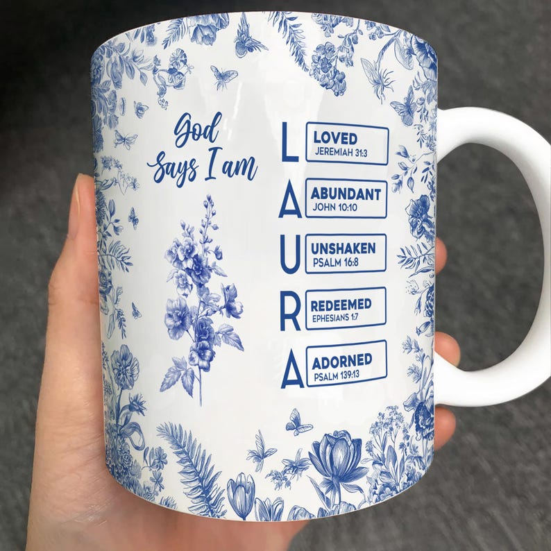 Personalized Christian Mug With Name, God Says I Am Bible Verse Coffee Cup, Custom Scripture Gift for Daughter, Toile De Jouy Religious Gift
