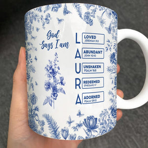 Personalized Christian Mug With Name, God Says I Am Bible Verse Coffee Cup, Custom Scripture Gift for Daughter, Toile De Jouy Religious Gift