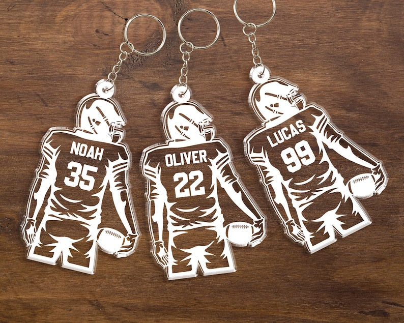 Custom Football Keychain, Football Player Key Chain with Name and Jerrsey Number, High School Football Team Name Tag, Senior Night Gift