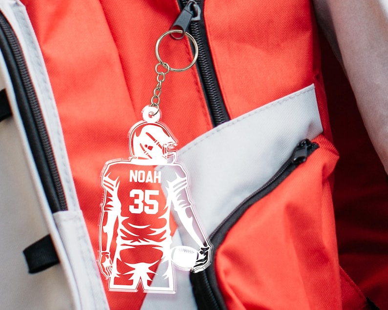 Custom Football Keychain, Football Player Key Chain with Name and Jerrsey Number, High School Football Team Name Tag, Senior Night Gift