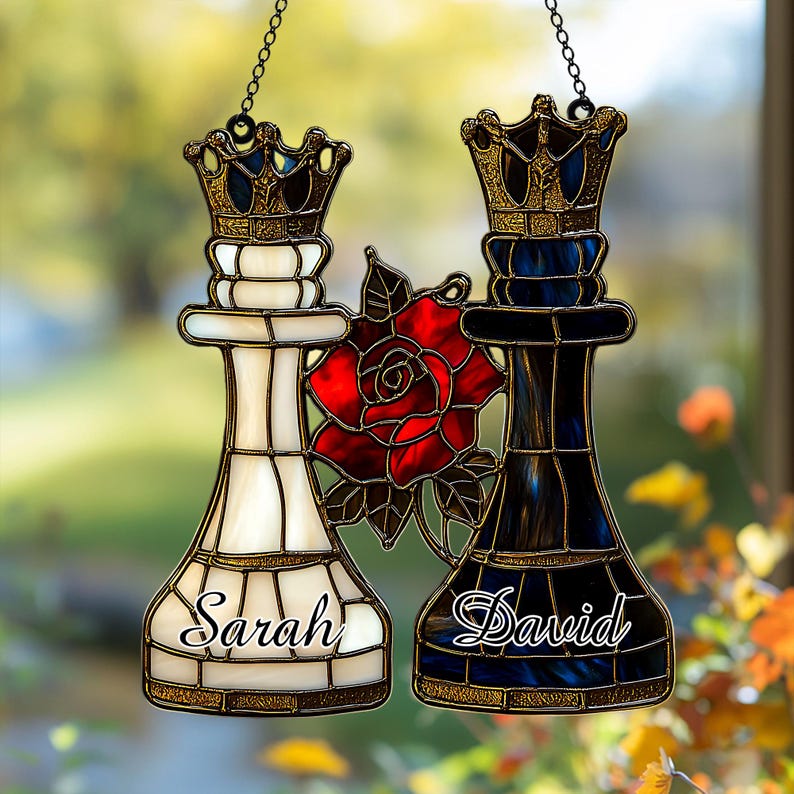 Personalized King And Queen Chess Piece Faux Stained Glass Acrylic Suncatcher Wedding Gift Custom Name Suncatcher