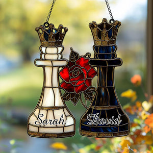 Personalized King And Queen Chess Piece Faux Stained Glass Acrylic Suncatcher Wedding Gift Custom Name Suncatcher