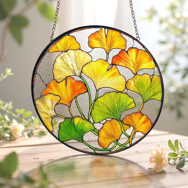 Ginkgo Leaf Stained Glass Suncatcher, Yellow Ginkgo Window Hanging Art, Autumn Garden Boho decor Gift for Plant Lover