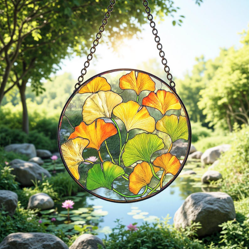 Ginkgo Leaf Stained Glass Suncatcher, Yellow Ginkgo Window Hanging Art, Autumn Garden Boho decor Gift for Plant Lover