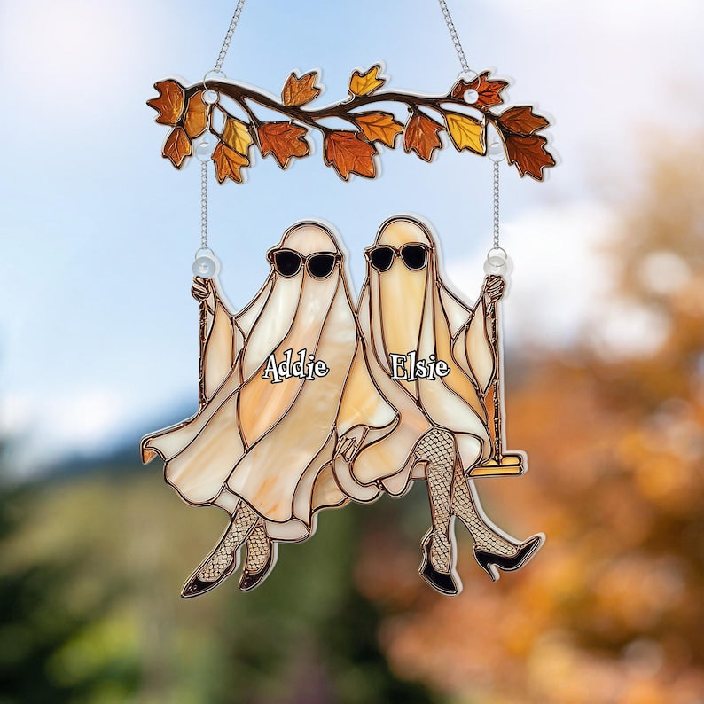 Custom Halloween Ghosts Suncatcher Best Friends Gift, Ghost Besties Halloween Decor, Spooky Bestie Gift, Halloween Window Hanging