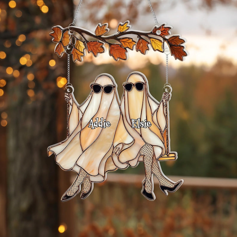Custom Halloween Ghosts Suncatcher Best Friends Gift, Ghost Besties Halloween Decor, Spooky Bestie Gift, Halloween Window Hanging
