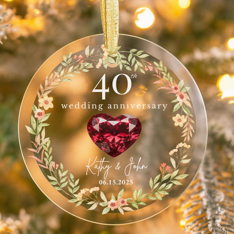 Personalized 40th Wedding Anniversary Glass Ornament, 40 Years Anniversary Gifts for Parents, Forty Wedding Gift, Ruby Anniversary Gift